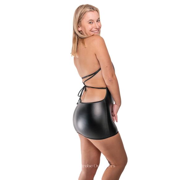 Leather Halter Bodycon Backless Lingerie Micro Mini Dress - Picture 5 of 5